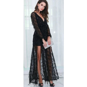 Hilal Trend Hilaltrend Uzun Kol Saçaklı Payet Abiye Elbise