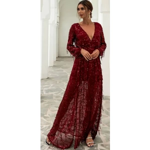 Hilal Trend Hilaltrend Uzun Kol Saçaklı Payet Abiye Elbise