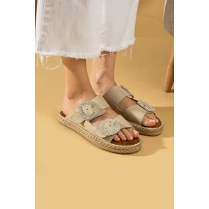 Pembe Potin Hasır Taban Taşlı Çift Tokalı Comfort Taban Kadın Terlik 001-2301-24SÜET