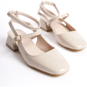 MBBRZ404-BJ Kadın Mary Jane Küt Burunlu Blok Kısa Topuklu Bej Rugan Ayakkabı