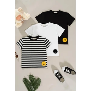For You Kids 3'Lü Emoji Detaylı Siyah Beyaz Çizgili Erkek Çocuk Tshirt