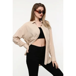 Give Way Kadın Oversize Uzun Basic Gözlük Britli Desenli Linen Look Gömlek
