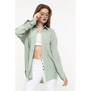 Give Way Kadın Oversize Uzun Basic Gözlük Britli Desenli Linen Look Gömlek
