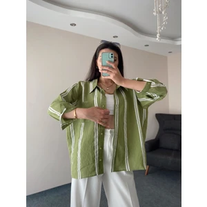 Olbia Butik Yeşil Çizgili Oversize Pamuk Gömlek Standart