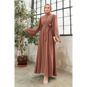 Liva Kolları Taşlı Abaya - Camel