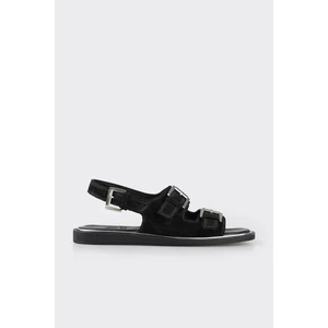 Siyah Deri Kadın Düz Sandalet