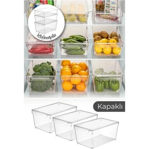 Özmen Home 3 Adet Büyük Boy Kapaklı Buzdolabı Organizeri Düzenleyici Set Şeffaf Sebze Meyve Saklama Kabı