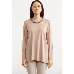 Büyük Beden Uzun Kol T-Shirt - Bej