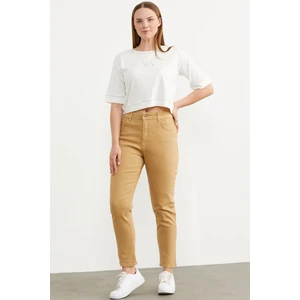 Likralı Fit Mom Jean - Kamel