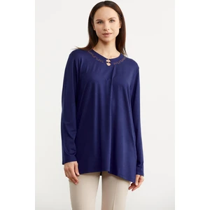 Nakış Yakalı Uzun Kol Penye T-Shirt - Indigo