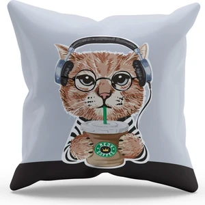 Çift Tarafı Baskılı Kulaklıklı Kedi Desenli Süet Kırlent Kılıfı - PL785