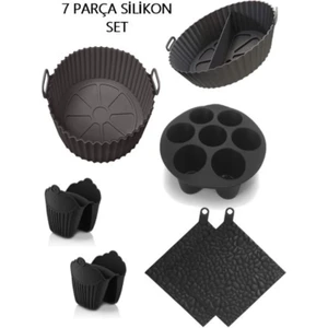 Holly Home 7 Parça Silikon Airfryer Pişirme Kalıbı; Yonca, Iki Bölmeli, Muffin, 2 Tutacak, 2 Nihale