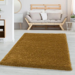 Yumuşak Yüksek Havlı 30 mm Shaggy Salon Halısı Düz Gold Dore Altın Renkli