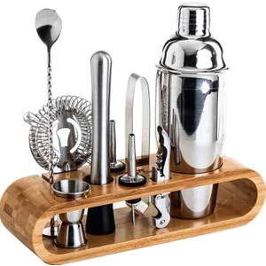 10 Parça 750ML Kokteyl Shaker Seti ve Şık Bambu Stand Tabanı (Yurt Dışından)