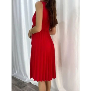 Kadın Ceket Yaka Eteği Pileli Kuşaklı Krep Elbise (Renkli)