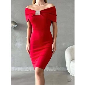 Kadın Madonna Yaka Taş Detay Scuba Kumaş Abiye Elbise (Renkli)