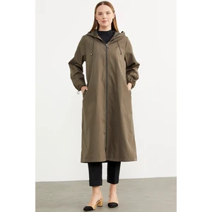 Büyük Beden Kapüşonlu Fermuarlı Uzun Trençkot - Haki