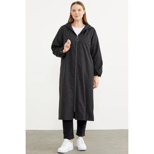 Büyük Beden Kapüşonlu Fermuarlı Uzun Trençkot - Siyah
