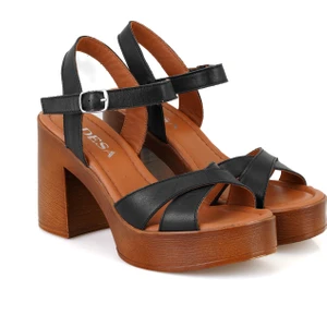Celinda Siyah Kadın Platform Topuklu Deri Sandalet