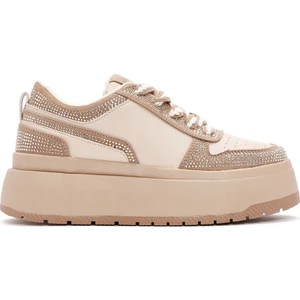 Kadın Bej Kalın Tabanlı Taşlı Bağcıklı Sneaker