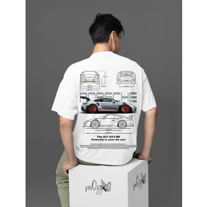 Unisex Beyaz Oversize Tshirt Porsche Ön Ve Sırt Baskılı Yüksek Kaliteli