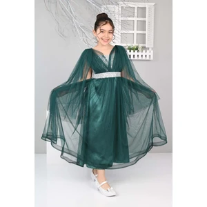 Kız Çocuk Saten Astarlı Omuzdan Tüllü Beli Payetli Uzun Abiye ELBISE-ABY-0028