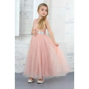 Kız Çocuk Beli Payetli Sim Desenli Somon Abiye Elbise GELINLIK-ABY-0032