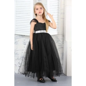 Kız Çocuk Beli Payetli Sim Desenli Siyah Abiye Elbise GELINLIK-ABY-0032