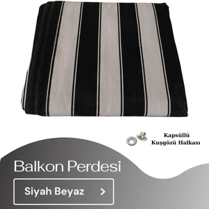 Demir Kuşgözü Halkalı ve Bağcıklı Pamuklu Kumaştan Siyah Beyaz Balkon Perdesi