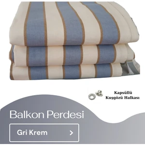 Demir Kuşgözü Halkalı ve Bağcıklı Pamuklu Kumaştan Gri Krem Balkon Perdesi