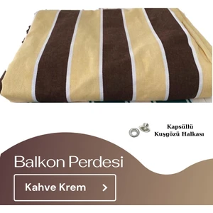 Demir Kuşgözü Halkalı ve Bağcıklı Pamuklu Kumaştan Kahverengi Krem Balkon Perdesi
