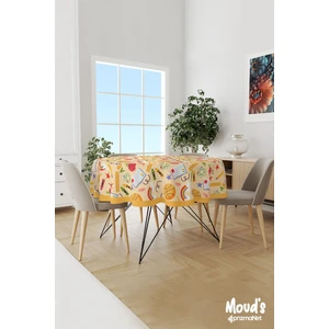 Sarı Kalem ve Basketbol Topu Desenli Yuvarlak Süet Dertsiz Masa Örtüsü