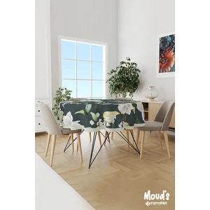 Yeşil Beyaz Çiçek Desenli Yuvarlak Süet Dertsiz Masa Örtüsü