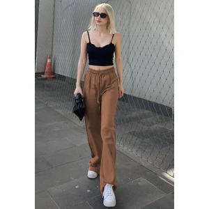 Kahverengi Bol Paça Müslin Kadın Pantolon Rahat Kullanım İçin