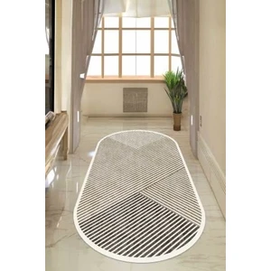 Decomia Home Dijital Kaymaz Yıkanabilir Çizgili Bej Oval Salon Halısı Mutfak Halısı Balkon Halısı Yolluk Ev Dekor