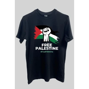 %100 Pamuk Standart Kesim Sıfır Yaka Kısa Kollu Filistin Baskılı Siyah T-Shirt