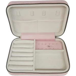 Özer Kutu Fermuarlı Deri (Ahşap Kasalı )Büyük Boy Takı, Seyahat ve Mücevher Çantası Pembe Süet (14 x 21 cm)
