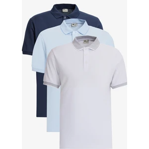 Altınyıldız Classics Erkek Beyaz-Lacivert-Açık Mavi 3'lü Çekmeyen Pamuklu Slim Fit Dar Kesim Kıvrılmaz Polo Yaka Tişört