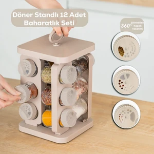 Kare Prizma Döner Standlı Döner Kapaklı 12'li Cam Baharatlık-Düzenleyici Organizer