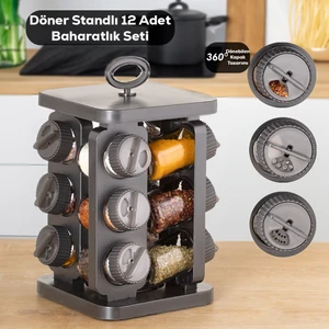 Kare Prizma Döner Standlı Döner Kapaklı 12'li Cam Baharatlık-Düzenleyici Organizer