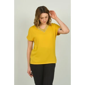 Ella Camelia Kadın Yakası Dantel Detaylı Bluz 20E020 Hardal