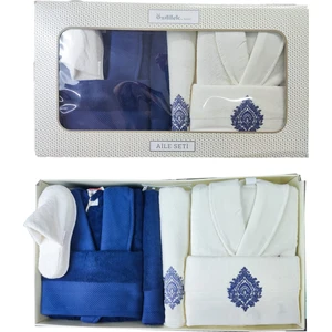 Majestic Aile Bornoz Seti 10 Parça Indigo Krem - & Terlik Hediyeli