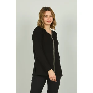 Detay Triko Kadın V Yaka Taş Detaylı Uzun Kol Bluz 4506 Siyah