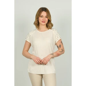 Ella Camelia Kadın Omzu Taş Detaylı Desenli Bluz 18E013 Krem