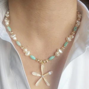 Devi Fashion Mavi Doğal Sedef Taşlı Papatya Uçlu Kalpli Incili Yazlık Kolye