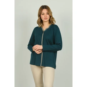 Detay Triko Kadın V Yaka Taş Detaylı Uzun Kol Bluz 4506 Zümrüt