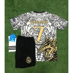 Real Madrid Yeni Sezon Dragon Desenli Cristiano Ronaldo  Çocuk Forması 3'lü Set (Black-White)