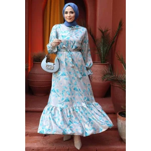 Neva Style Çiçek Desenli Turkuaz Tesettür Elbise 60901TR
