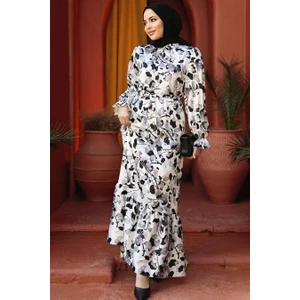Neva Style Çiçek Desenli Ekru Tesettür Elbise 60901E
