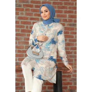 Neva Style Desenli Indigo Mavisi Tesettür Tunik 11677IM
